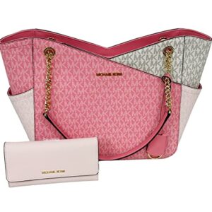 Michael Kors Jet Set Travel Large Chain Shoulder Tote Tea Rose Pink MK Signature Bundled Jet Set Travel Large Trifold Wallet Powder Blush Pink Saffiano