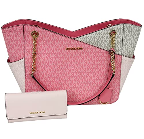 Michael Kors Jet Set Travel Large Chain Shoulder Tote Tea Rose Pink MK Signature Bundled Jet Set Travel Large Trifold Wallet Powder Blush Pink Saffiano