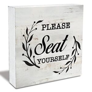 Please Seat Yourself Wood Box Sign Rustic Wooden Box Sign Farmhouse Bathroom Restroom Toilet Desk Shelf Decor (5 X 5 Inch)