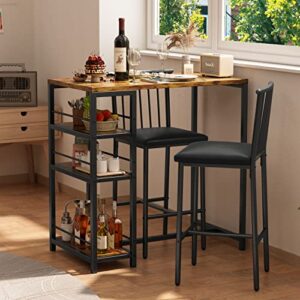 gizoon bar table and chairs set for 2 with 3 storage shelves, kitchen counter height dining table set with pu cushion chairs & thick wood top for breakfast, 3-piece modern pub table set – retro