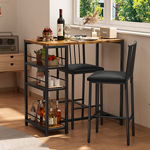 Gizoon Bar Table and Chairs Set for 2 with 3 Storage Shelves, Kitchen Counter Height Dining Table Set with Pu Cushion Chairs & Thick Wood Top for Breakfast, 3-Piece Modern Pub Table Set - Retro