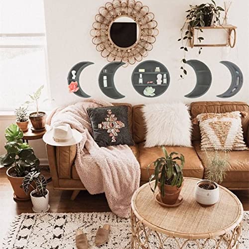 COUNTOOZQ Wood Floating Shelves Moon Cycle Change Wall Shelf Bohemian Style Moon Phase Wall Shelves Set Storage Wall Decorations for Bedroom Bathroom Kitchen Decor,5 Set