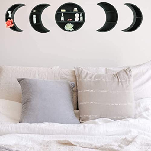 COUNTOOZQ Wood Floating Shelves Moon Cycle Change Wall Shelf Bohemian Style Moon Phase Wall Shelves Set Storage Wall Decorations for Bedroom Bathroom Kitchen Decor,5 Set