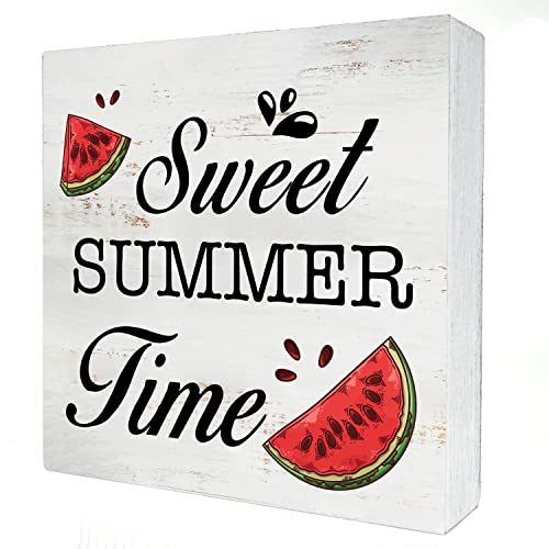 Sweet Summer Time Wood Box Sign Home Decor Rustic Summer Watermelon Wooden Box Sign Block Plaque for Wall Tabletop Desk Home Kitchen Decoration 5" x 5"