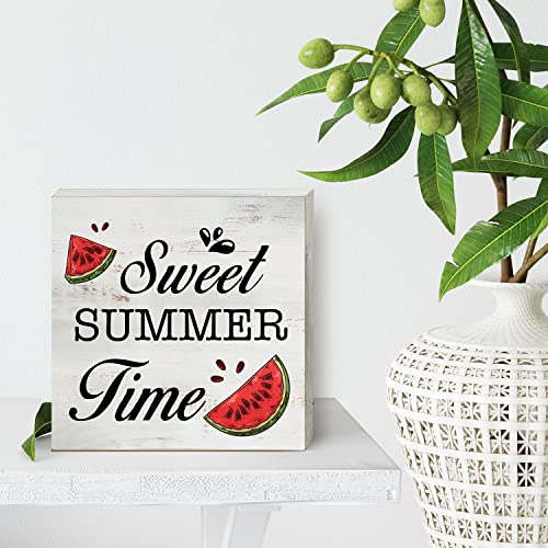 Sweet Summer Time Wood Box Sign Home Decor Rustic Summer Watermelon Wooden Box Sign Block Plaque for Wall Tabletop Desk Home Kitchen Decoration 5" x 5"