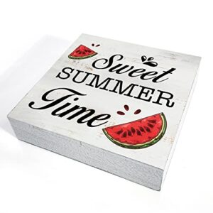 Sweet Summer Time Wood Box Sign Home Decor Rustic Summer Watermelon Wooden Box Sign Block Plaque for Wall Tabletop Desk Home Kitchen Decoration 5" x 5"