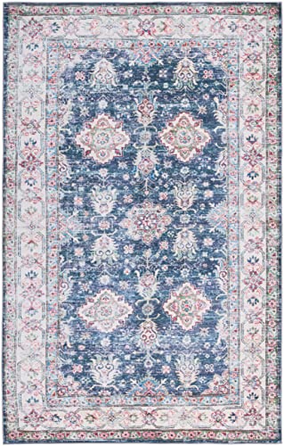 Safavieh Tucson Collection Machine Washable Slip Resistant 5' x 8' Navy/Beige TSN196N Vintage Persian Distressed Living Room Dining Bedroom Area Rug