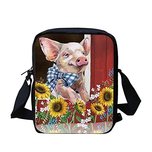 STUOARTE Cute Pig Sunflower Print Messenger Bag, Crossbody Bag Durable Casual Coin Purse Crossbody Bag for Women Kids, Lightweight Multi-Function Shoulder Bag Satchel Bag