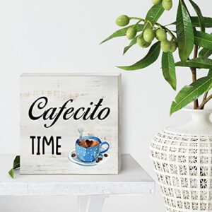 Cafecito Time Wood Box Sign Home Decor Rustic Kitchen Coffee Quote Wooden Box Sign Block Plaque for Wall Tabletop Desk Home Kitchen Decoration 5" x 5"