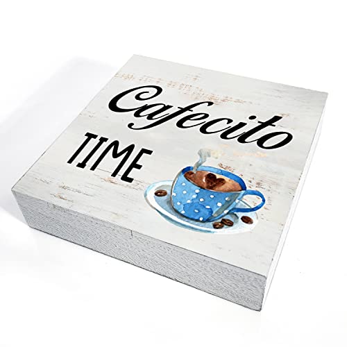 Cafecito Time Wood Box Sign Home Decor Rustic Kitchen Coffee Quote Wooden Box Sign Block Plaque for Wall Tabletop Desk Home Kitchen Decoration 5" x 5"