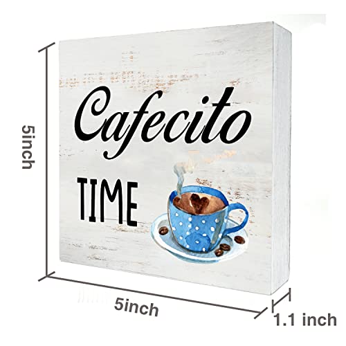 Cafecito Time Wood Box Sign Home Decor Rustic Kitchen Coffee Quote Wooden Box Sign Block Plaque for Wall Tabletop Desk Home Kitchen Decoration 5" x 5"