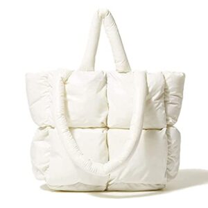 yuhocb large puffer tote bag for women,winter soft quilted shoulder bag lightweight nylon down purses satchel handbag (white)