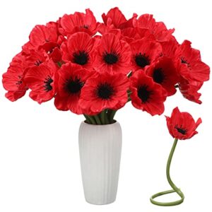 42 pcs artificial poppy flowers pu real touch poppy silk flowers 11 inch poppy anemone stems fake flowers table centerpiece for home wedding memorial day decor (red)