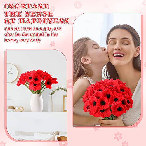 42 Pcs Artificial Poppy Flowers PU Real Touch Poppy Silk Flowers 11 Inch Poppy Anemone Stems Fake Flowers Table Centerpiece for Home Wedding Memorial Day Decor (Red)