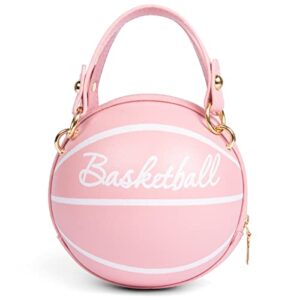 obovoid women’s basketball bag basketball-shaped crossbody bag handbag girl mini one-shoulder pu leather round handbag (pink 1)