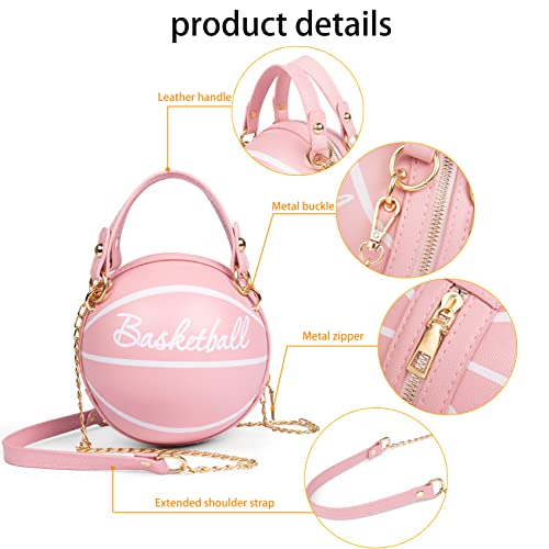 Obovoid Women's basketball bag Basketball-Shaped Crossbody Bag Handbag Girl Mini One-Shoulder PU Leather Round Handbag (pink 1)