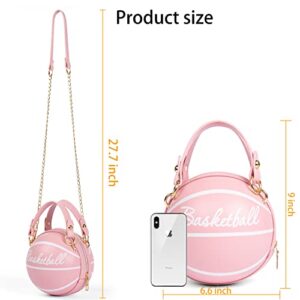 Obovoid Women's basketball bag Basketball-Shaped Crossbody Bag Handbag Girl Mini One-Shoulder PU Leather Round Handbag (pink 1)