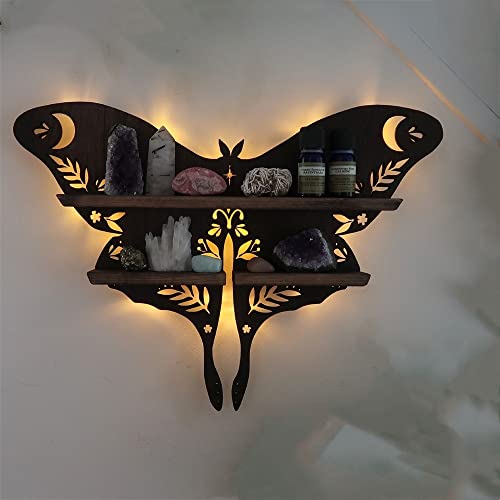 Luna Moth Crystal Shelf Display Rustic Wooden Moon Shelves Moth Heart Crystal Holder Shelves Wooden Floating Light Shelf for Rock Gemstones Meditation(black Luna moth)