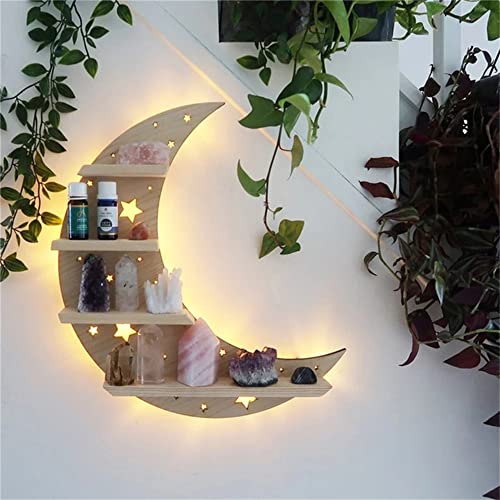 Luna Moth Crystal Shelf Display Rustic Wooden Moon Shelves Moth Heart Crystal Holder Shelves Wooden Floating Light Shelf for Rock Gemstones Meditation(black Luna moth)