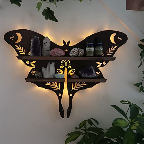 Luna Moth Crystal Shelf Display Rustic Wooden Moon Shelves Moth Heart Crystal Holder Shelves Wooden Floating Light Shelf for Rock Gemstones Meditation(black Luna moth)