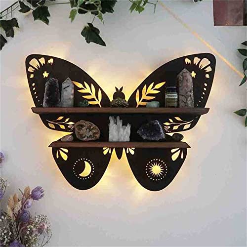 Luna Moth Crystal Shelf Display Rustic Wooden Moon Shelves Moth Heart Crystal Holder Shelves Wooden Floating Light Shelf for Rock Gemstones Meditation(black Luna moth)