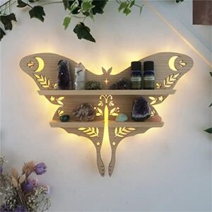 Luna Moth Crystal Shelf Display Rustic Wooden Moon Shelves Moth Heart Crystal Holder Shelves Wooden Floating Light Shelf for Rock Gemstones Meditation(black Luna moth)