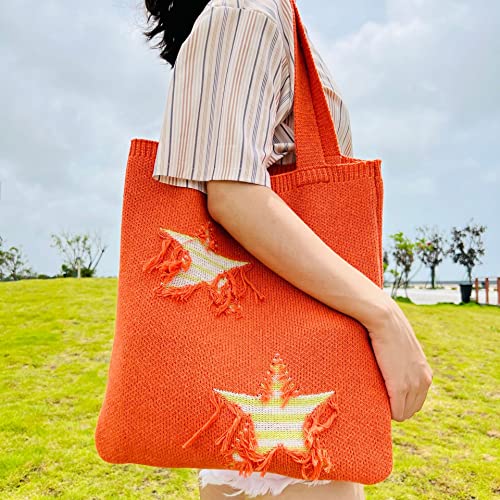 Women Distressed Star Pattern Tote Bag Fairy Grunge Shoulder Handbag Ripped Crochet Hobo Bag Casual Shopping Bag (Black)