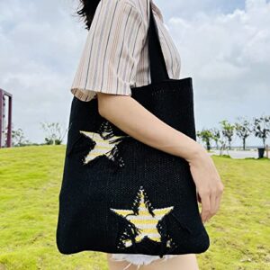 Women Distressed Star Pattern Tote Bag Fairy Grunge Shoulder Handbag Ripped Crochet Hobo Bag Casual Shopping Bag (Black)