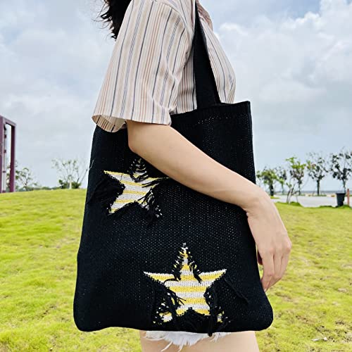 Women Distressed Star Pattern Tote Bag Fairy Grunge Shoulder Handbag Ripped Crochet Hobo Bag Casual Shopping Bag (Black)