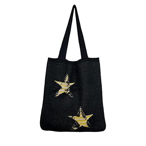 Women Distressed Star Pattern Tote Bag Fairy Grunge Shoulder Handbag Ripped Crochet Hobo Bag Casual Shopping Bag (Black)