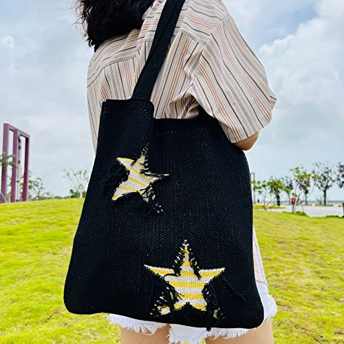 Women Distressed Star Pattern Tote Bag Fairy Grunge Shoulder Handbag Ripped Crochet Hobo Bag Casual Shopping Bag (Black)