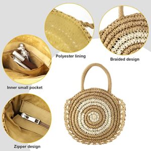 Straw Beach Bag, Stylish Beach Tote Bag Woven Straw Bag Vintage Zipper Straw Tote with Large Capacity, Zipper Beach Tote Handbag Shoulder Bag for Women Summer Beach Pool Party