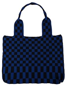 knit shoulder bag for women extra large plaid hobo bag chic checkboard satchel tote bag for work school 2022, black/navy