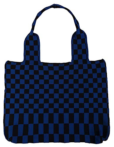 Knit Shoulder Bag for Women Extra Large Plaid Hobo Bag Chic Checkboard Satchel Tote Bag for Work School 2022, Black/Navy