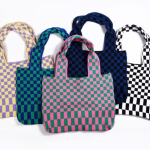 Knit Shoulder Bag for Women Extra Large Plaid Hobo Bag Chic Checkboard Satchel Tote Bag for Work School 2022, Black/Navy