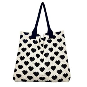 women casual hobo bag crochet tote bag aesthetics love pattern shoulder handbags y2k trendy knitted bag (black and white)