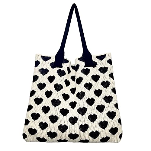 Women Casual Hobo Bag Crochet Tote Bag Aesthetics Love Pattern Shoulder Handbags Y2K Trendy Knitted Bag (Black and white)