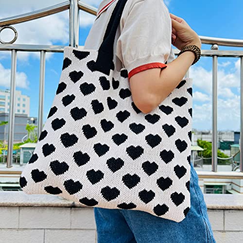Women Casual Hobo Bag Crochet Tote Bag Aesthetics Love Pattern Shoulder Handbags Y2K Trendy Knitted Bag (Black and white)