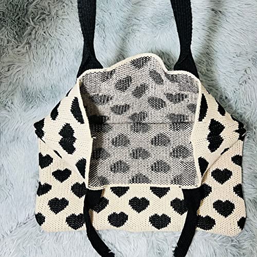 Women Casual Hobo Bag Crochet Tote Bag Aesthetics Love Pattern Shoulder Handbags Y2K Trendy Knitted Bag (Black and white)