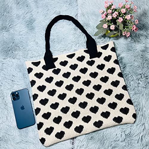 Women Casual Hobo Bag Crochet Tote Bag Aesthetics Love Pattern Shoulder Handbags Y2K Trendy Knitted Bag (Black and white)