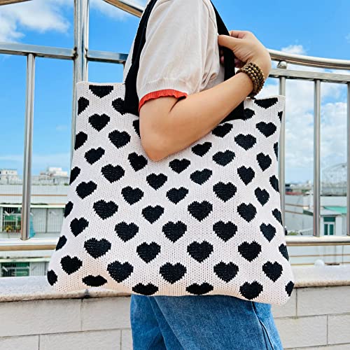 Women Casual Hobo Bag Crochet Tote Bag Aesthetics Love Pattern Shoulder Handbags Y2K Trendy Knitted Bag (Black and white)