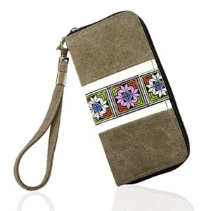 yongkai bohemian style wallet,zip around wallet for women,rfid blocking wallet,credit card wallet,embroidered casual purse (armygreen)