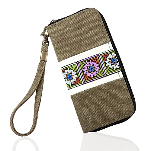 Yongkai Bohemian Style Wallet,Zip Around Wallet for Women,RFID Blocking Wallet,Credit Card Wallet,Embroidered Casual Purse (ArmyGreen)