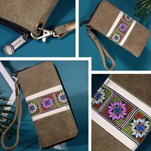 Yongkai Bohemian Style Wallet,Zip Around Wallet for Women,RFID Blocking Wallet,Credit Card Wallet,Embroidered Casual Purse (ArmyGreen)