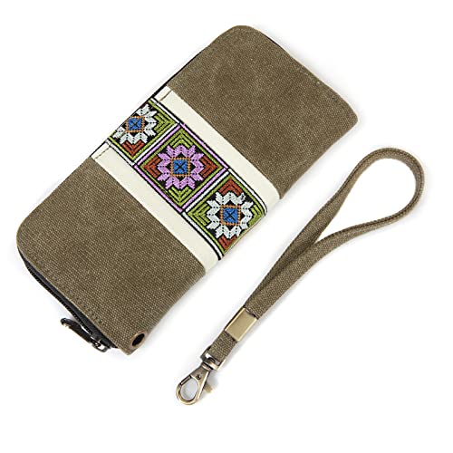 Yongkai Bohemian Style Wallet,Zip Around Wallet for Women,RFID Blocking Wallet,Credit Card Wallet,Embroidered Casual Purse (ArmyGreen)