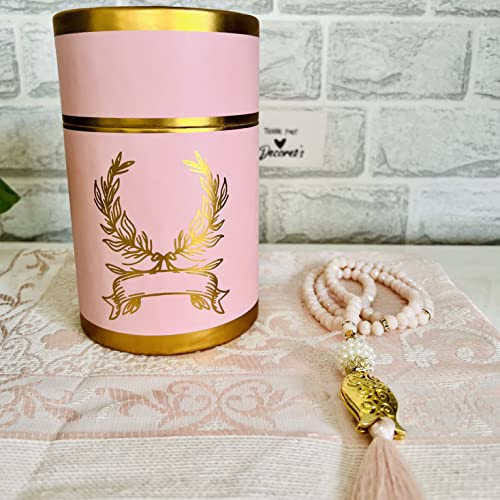 Muslim Prayer Rug, Luxury Prayer Beads with Elegant Design Cylinder Gift Box I Perfect Islamic Gift I Muslim for Men,Women,Kids I Soft Islamic Prayer Mat | Luxury Islamic Gifts (Light Pink, 1 Sets)