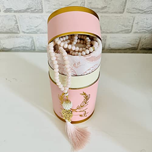 Muslim Prayer Rug, Luxury Prayer Beads with Elegant Design Cylinder Gift Box I Perfect Islamic Gift I Muslim for Men,Women,Kids I Soft Islamic Prayer Mat | Luxury Islamic Gifts (Light Pink, 1 Sets)