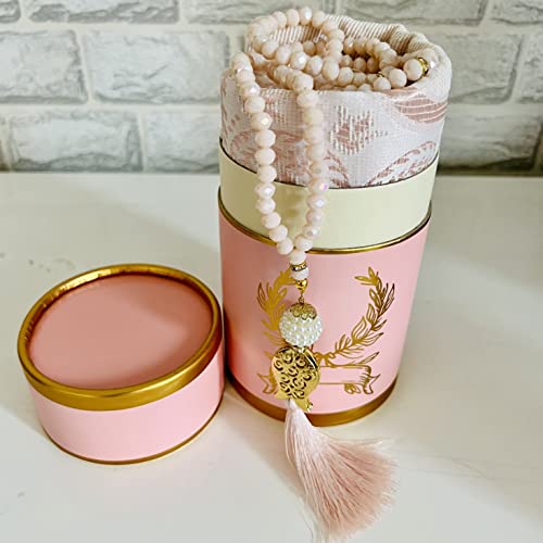 Muslim Prayer Rug, Luxury Prayer Beads with Elegant Design Cylinder Gift Box I Perfect Islamic Gift I Muslim for Men,Women,Kids I Soft Islamic Prayer Mat | Luxury Islamic Gifts (Light Pink, 1 Sets)