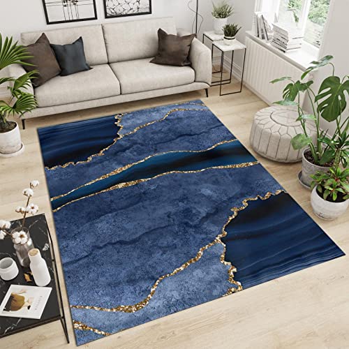 Deep Blue Gold Marble Area Rug, Abstract Gold Line Blue Art Soft Washable Carpet, Upholstery Rug with Non-Slip Backing for Kids Boys Girls Bedroom Living Room Dining Room Study 3ftx5ft