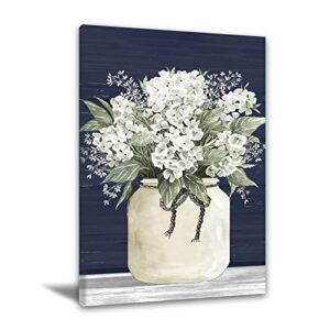 Selitiyer Rustic Bathroom Wall Art Farmhouse Flower Wall Decor Blue White Canvas Prints Mason Jar Floral Poster Country Painting Picture for Kitchen Living Dining Room Home Decor 16x24 Inch No Frame